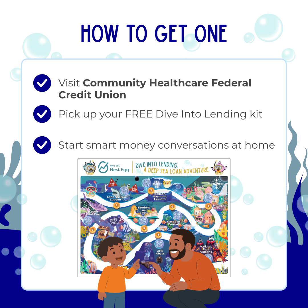 How to Get One" checklist: Visit Community Healthcare FCU, pick up your FREE Dive Into Lending kit, and start smart money conversations. Shows a father and son with the activity map.