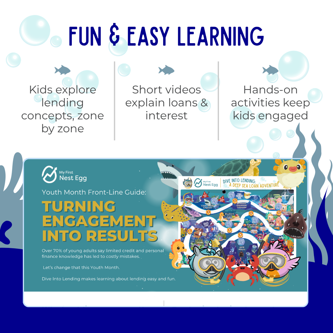 Fun &amp; Easy Learning" via lending zones, short videos on interest, and hands-on activities. Includes a "Turning Engagement into Results" guide for Youth Month by My First Nest Egg.