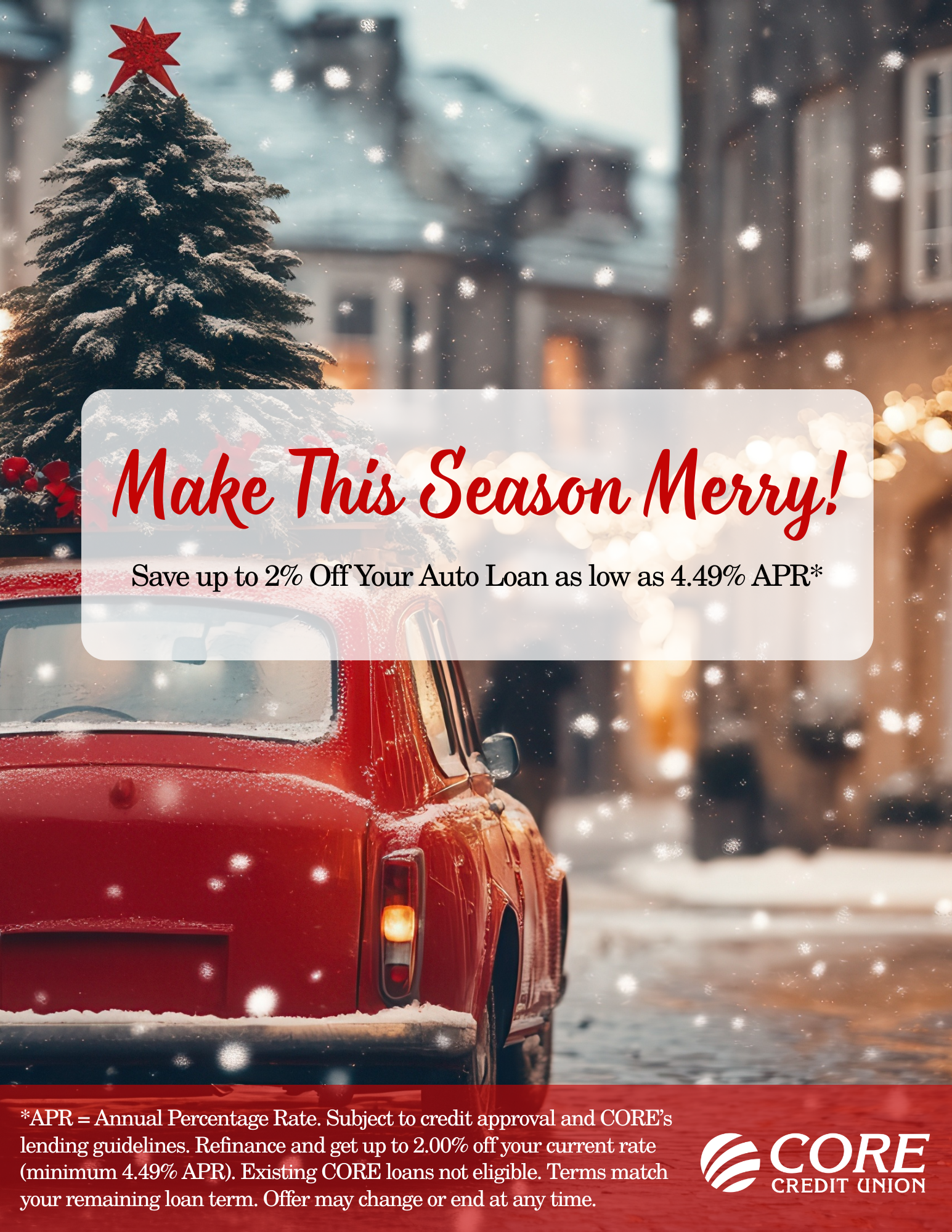 Red car with Christmas tree on top in snow