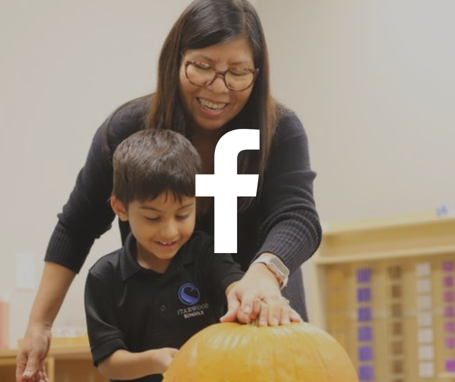 A woman with glasses and a young boy carving a pumpkin together in a Montessori classroom.