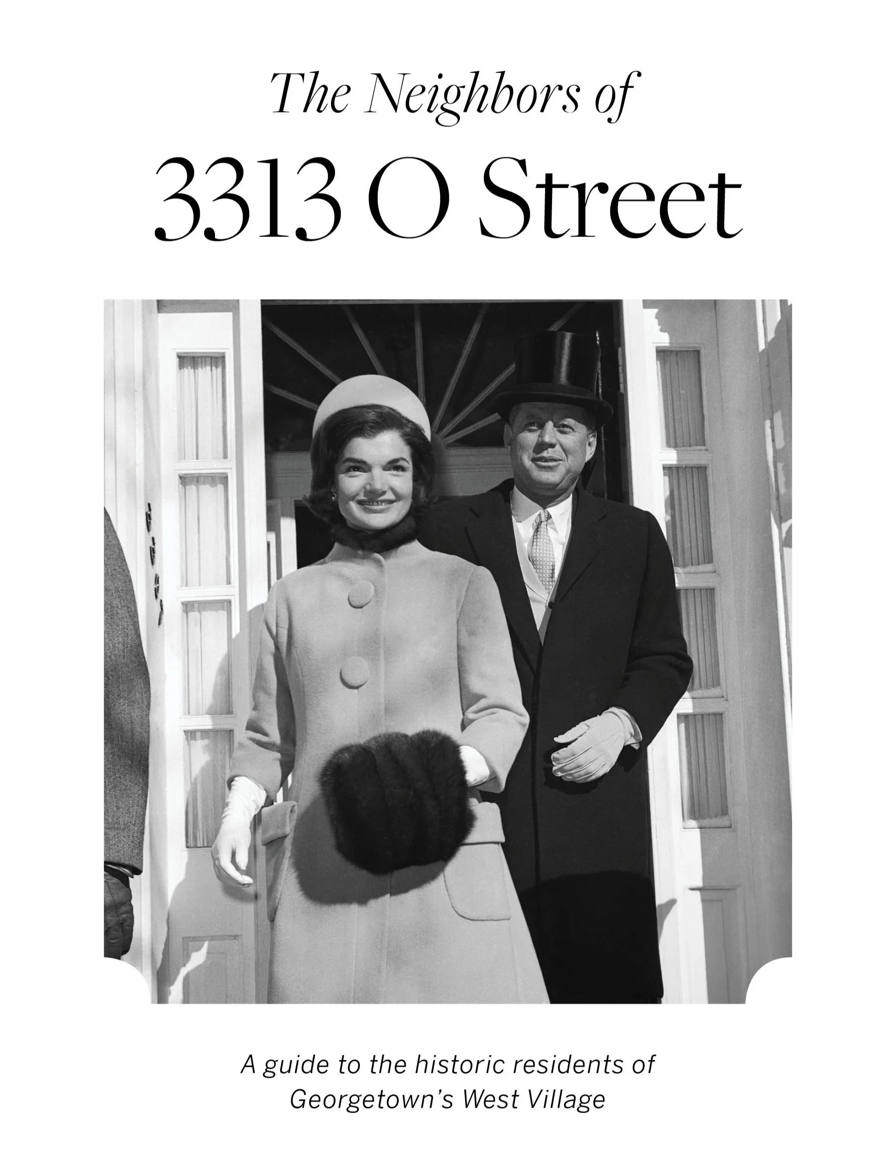 Black and white photo of a woman and a man dressed in vintage clothing, standing outside a building with decorative window panels. The woman is wearing a light coat with large buttons and gloves, holding a handbag, and the man is wearing a suit, tie, and top hat.

Below the photo, there is a caption that reads: "A guide to the historic residents of Georgetown’s West Village".
