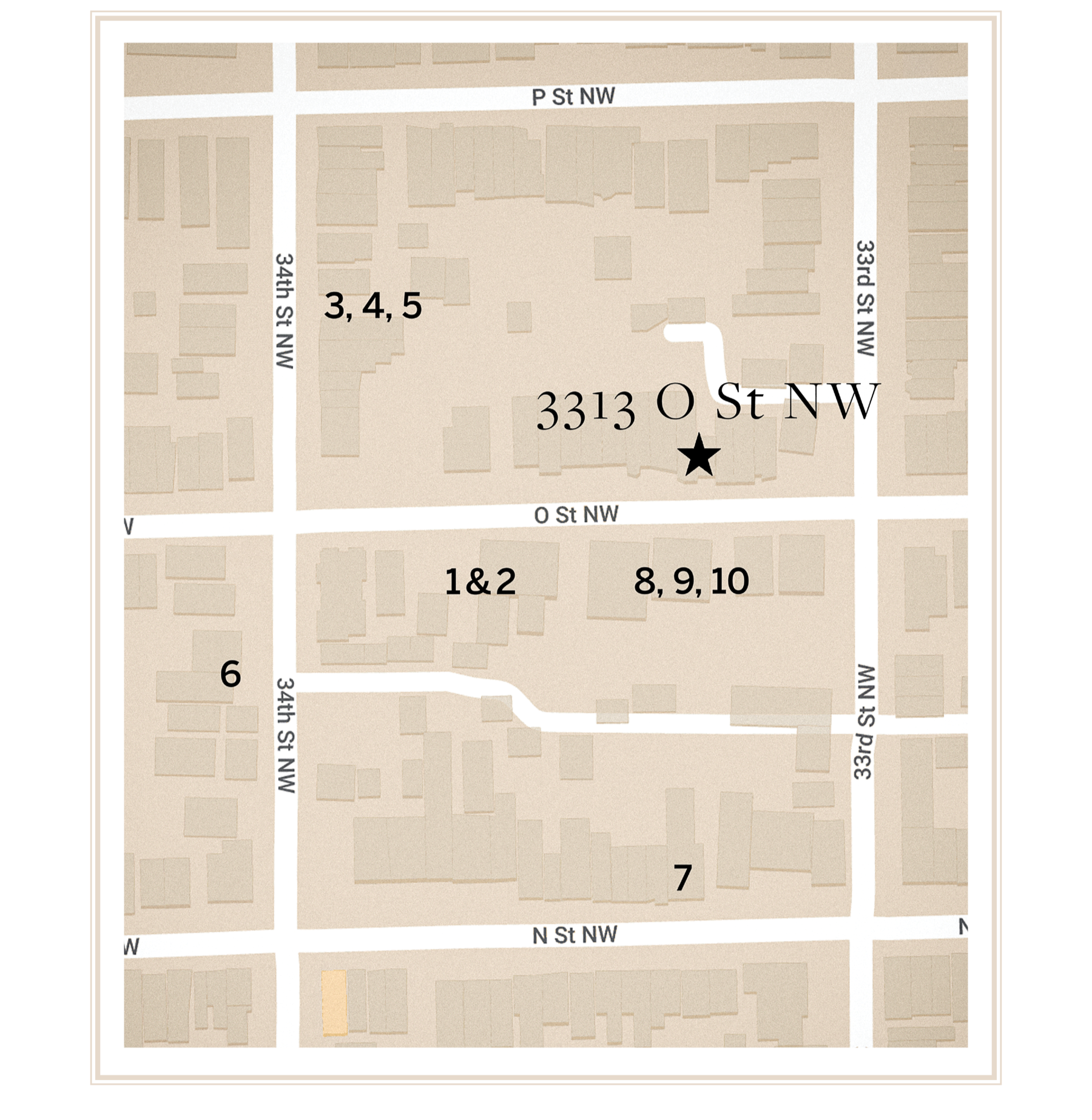Map showing the area around 3313 O St NW, with street names and numbered locations. Streets include 34th St NW, 33rd St NW, N St NW, and others. The address 3313 O St NW is marked with a star.