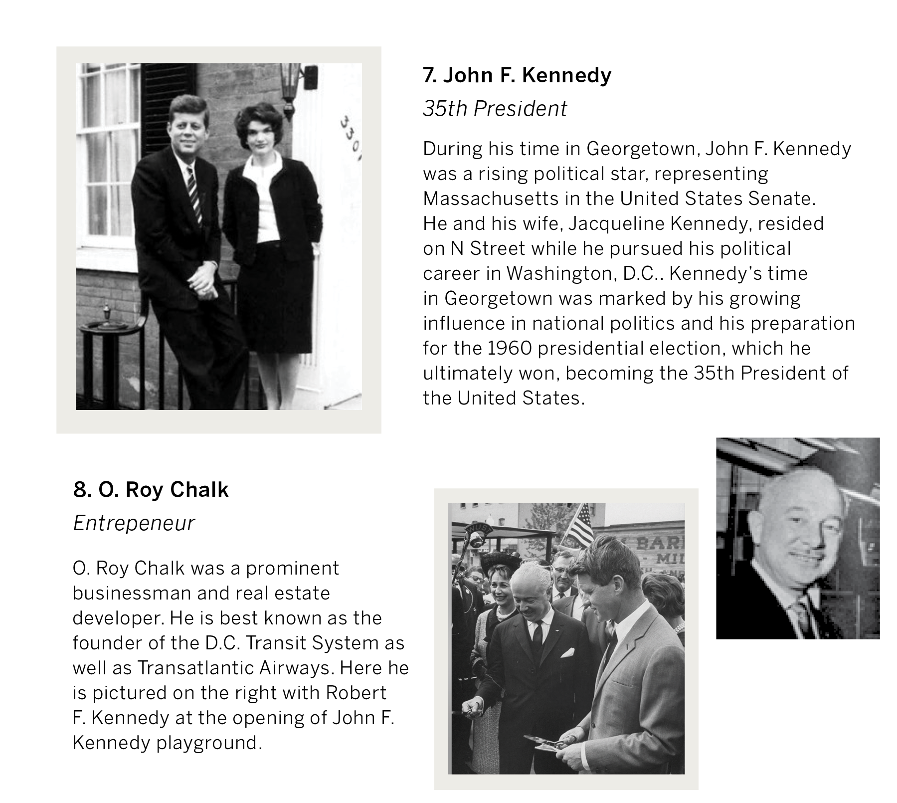 Black and white photograph of John F. Kennedy and Jacqueline Kennedy standing outside on N Street, with Kennedy in a suit and Jackie in a dark skirt and jacket, both smiling at the camera.