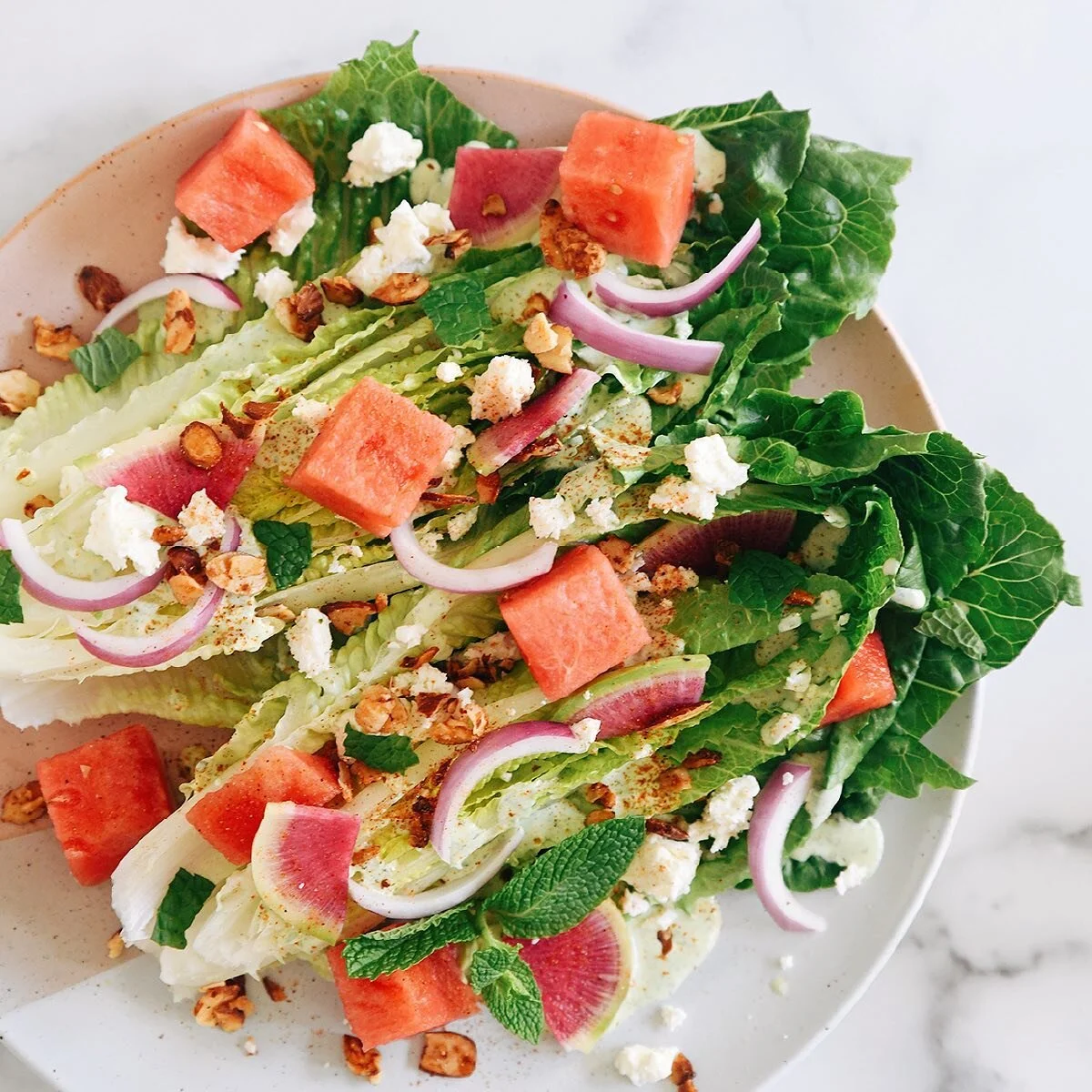 For my restaurant concepts, I create new specials every season. This summer, the watermelon salad is featured at @themixxkc.

I love how the fruit and mint come to together to deliver a cool and fresh lunch or side dish.

#summersalad #watermelonsala