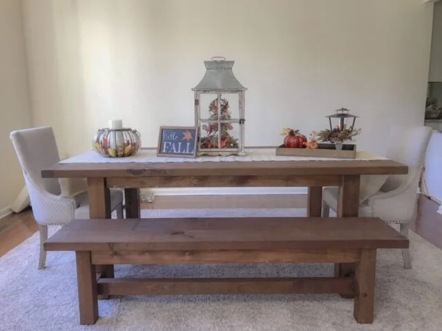 Phoenix table square leg with trestle base walnut finish.JPG