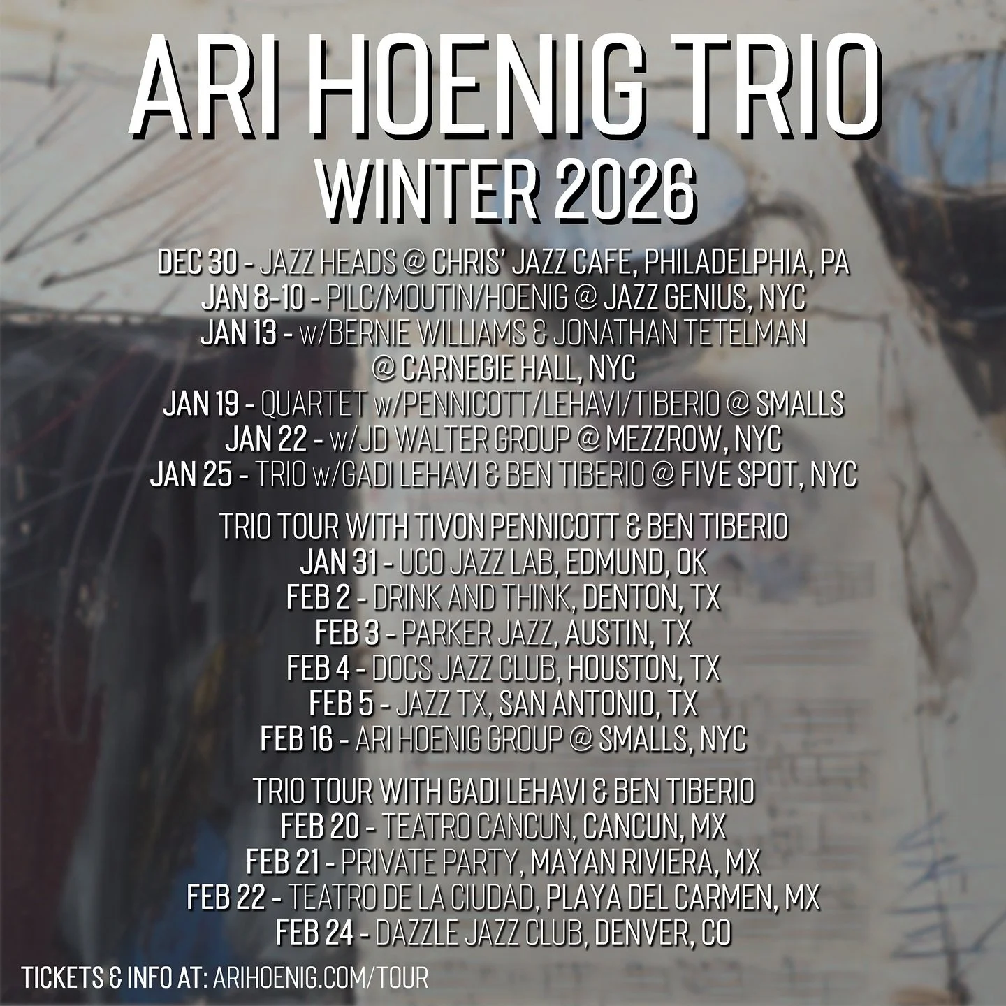 I&rsquo;m grateful for this plethora of gigs coming up in January and February and to be able to tour with my trio. Here are some holes. 

 We are still trying to fill Feb 1 somewhere between or around Oklahoma City and Denton Texas. We are available