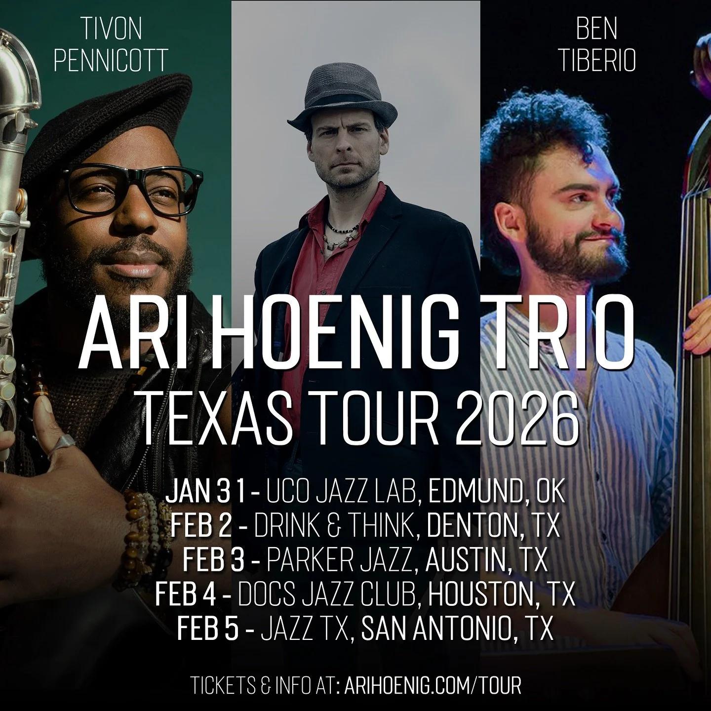 Trio featuring Tivon and Ben is going on a little OK/TX run at the end of month. Secure your tickets now at http://arihoenig.com/tour (As always, link in bio)