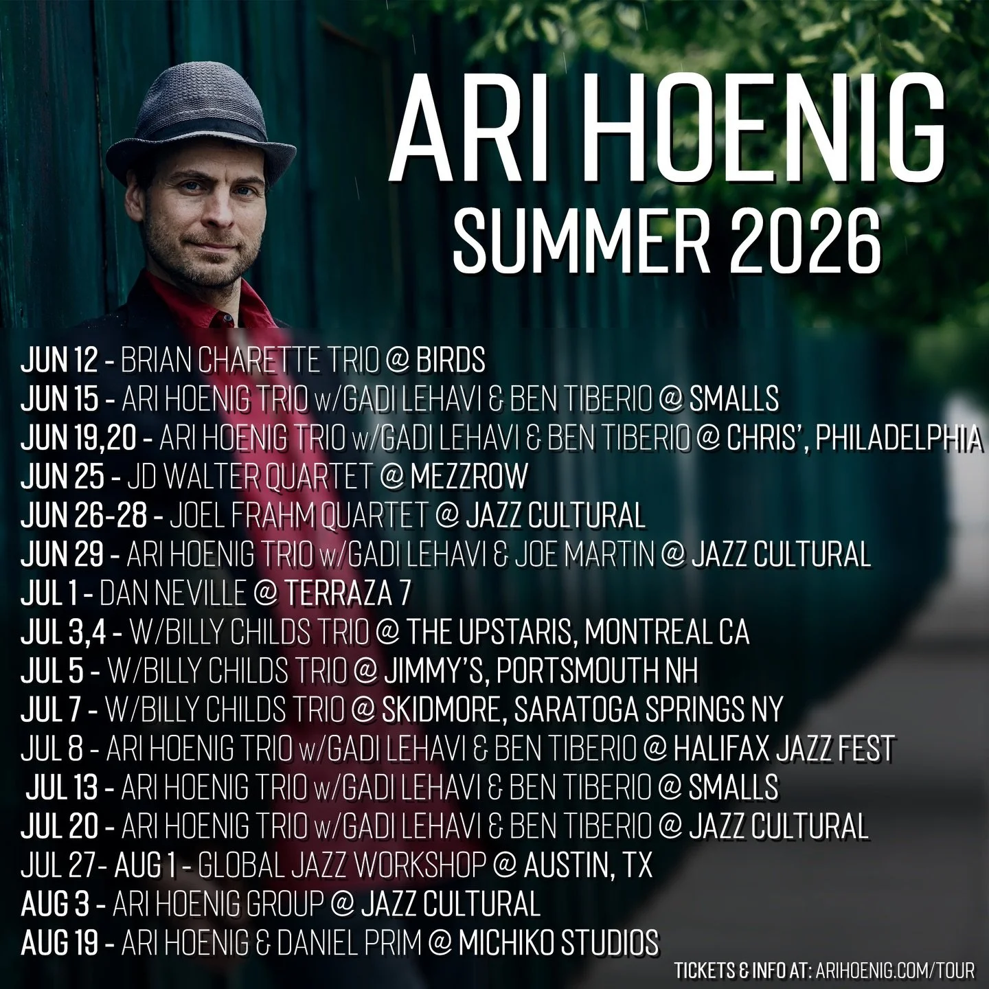 Hey everybody, here are some of my summer dates. I&rsquo;m excited to be starting up a Monday night residency at Jazzcultural on June 29th. I hope to see you at one of these shows.

June 12 - Brian Charette Trio @ Birds
June 15 - Ari Hoenig Trio w/Ga
