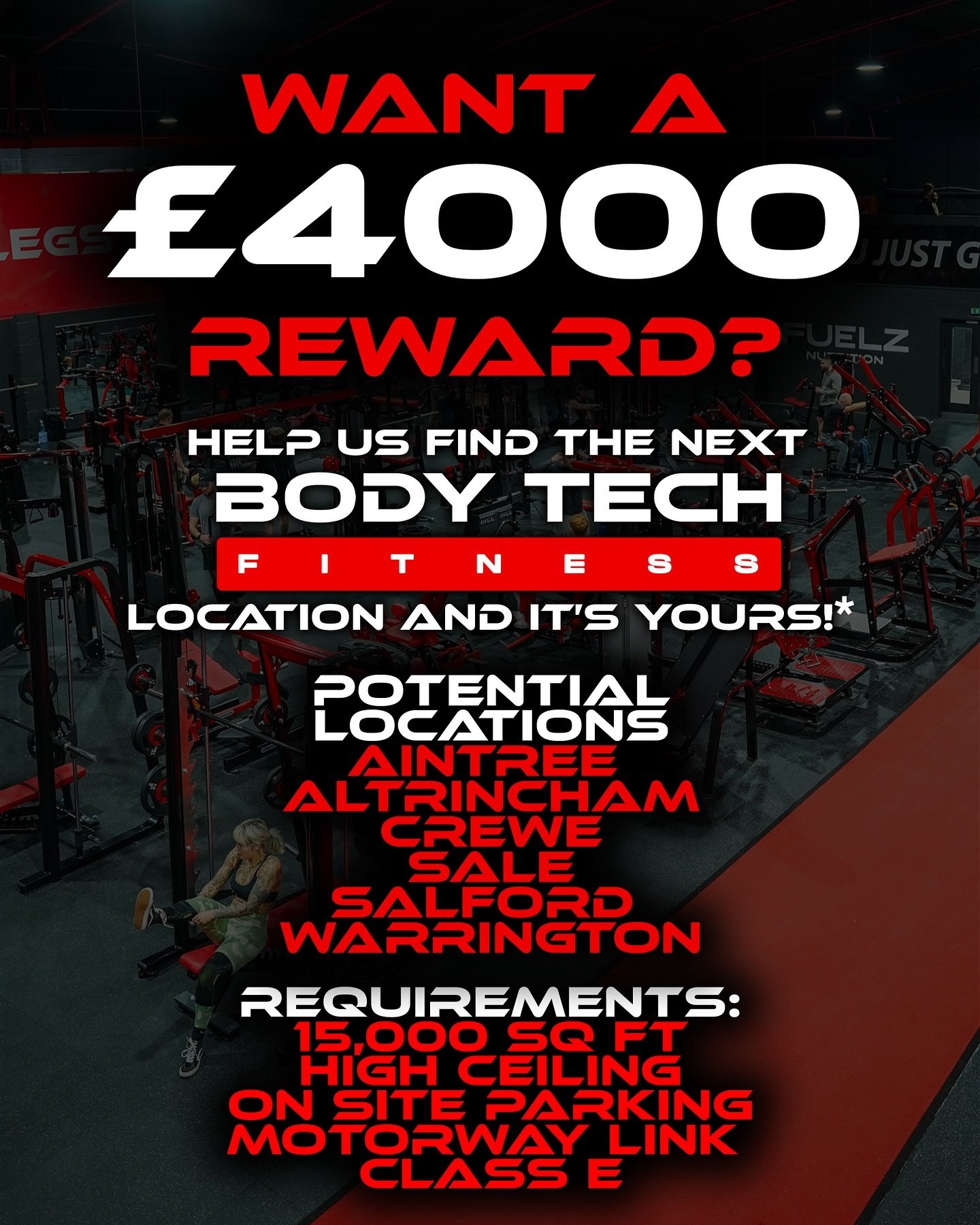 ❤️💵 WE&rsquo;RE OFFERING A &pound;4000 REWARD 💵❤️

We are on the lookout for our next gym location and we&rsquo;re offering a &pound;4000 reward for the introduction that leads us to our next home. 

Tag, share and let everybody know that we&rsquo;