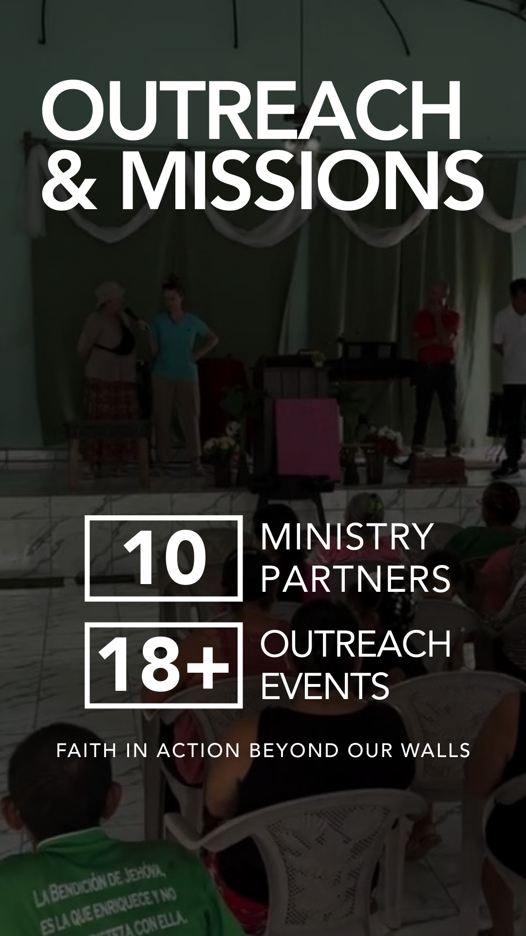 Banner promoting outreach and missions, featuring a stage with people speaking or preparing to speak, and an audience seated in front. Text highlights include '10 ministry partners', '18+ outreach events', and the tagline 'Faith in action beyond our walls'.