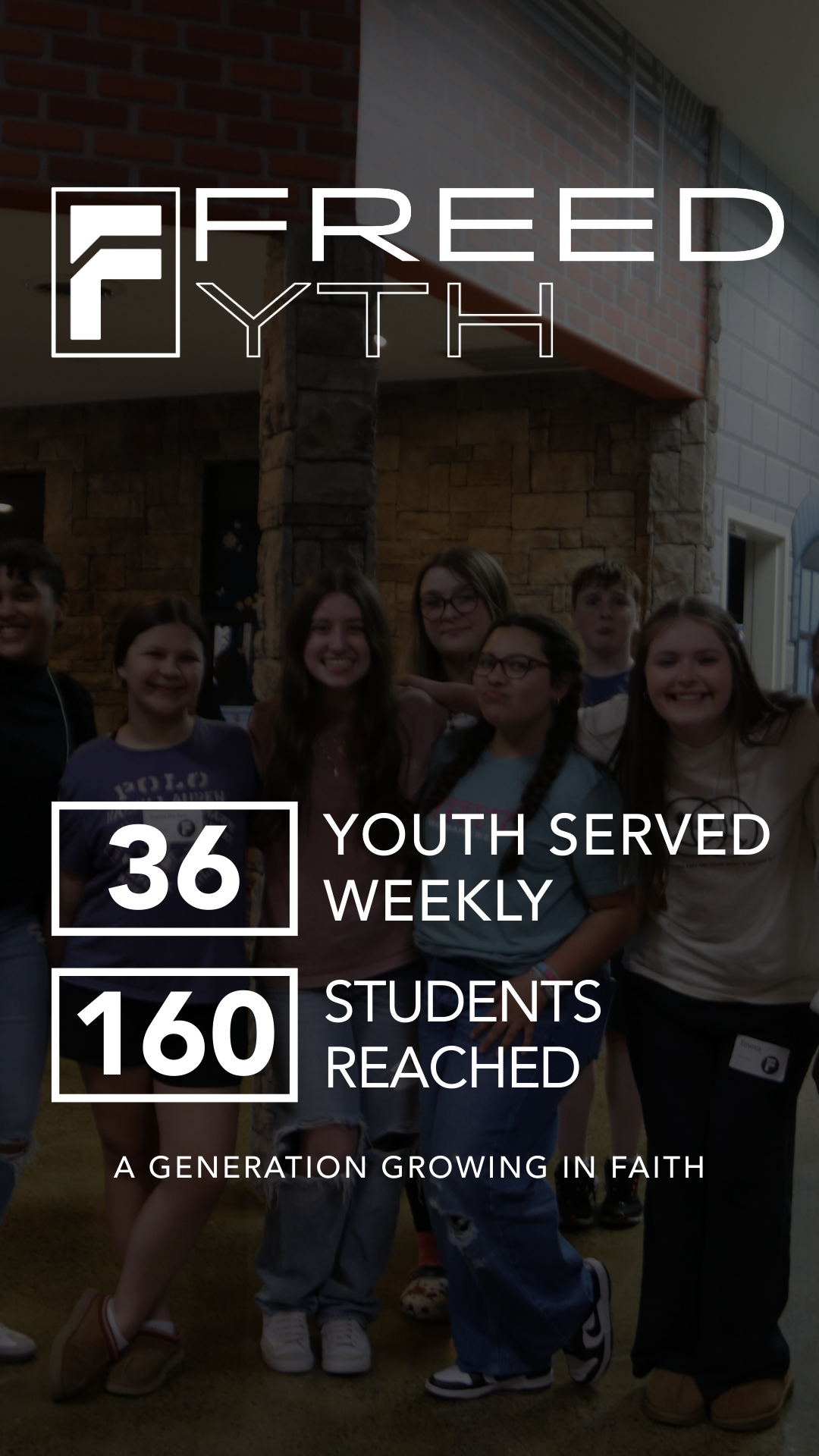 Group of youth smiling and posing for a photo inside a church or community center with stone walls and brick pillars, part of a faith-based program.