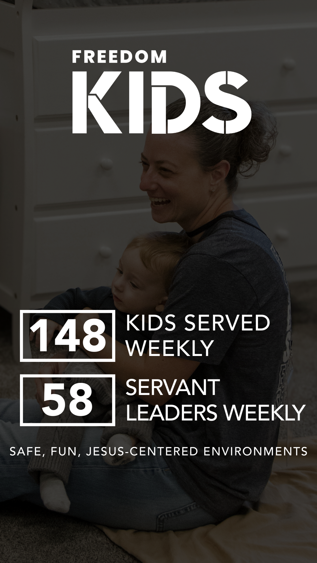 A person holding a smiling child sitting on the floor with a dresser in the background, overlaid with text promoting a children’s program.