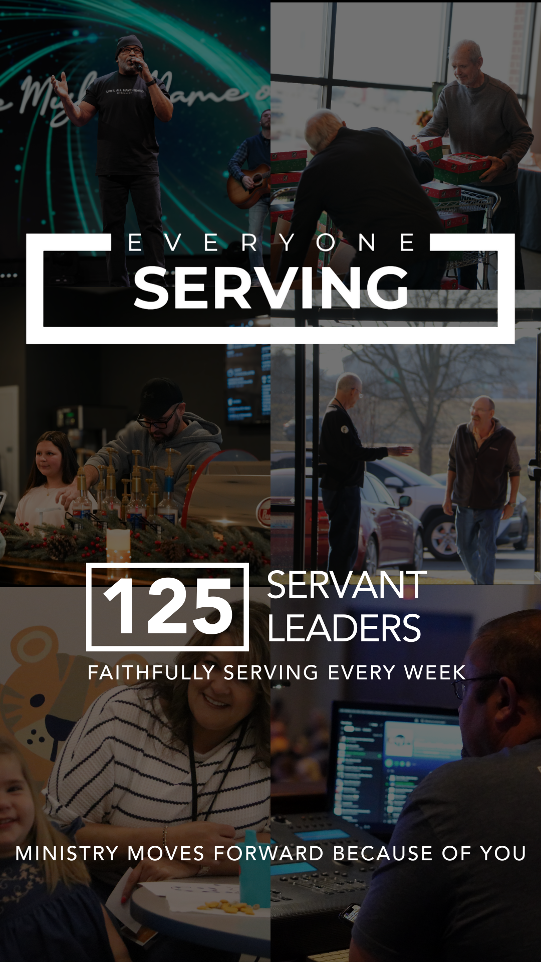 A collage of images depicting people volunteering, serving food, and engaging in community activities, with overlaid text emphasizing service, leadership, and ministry, including the number 125 for servant leaders.