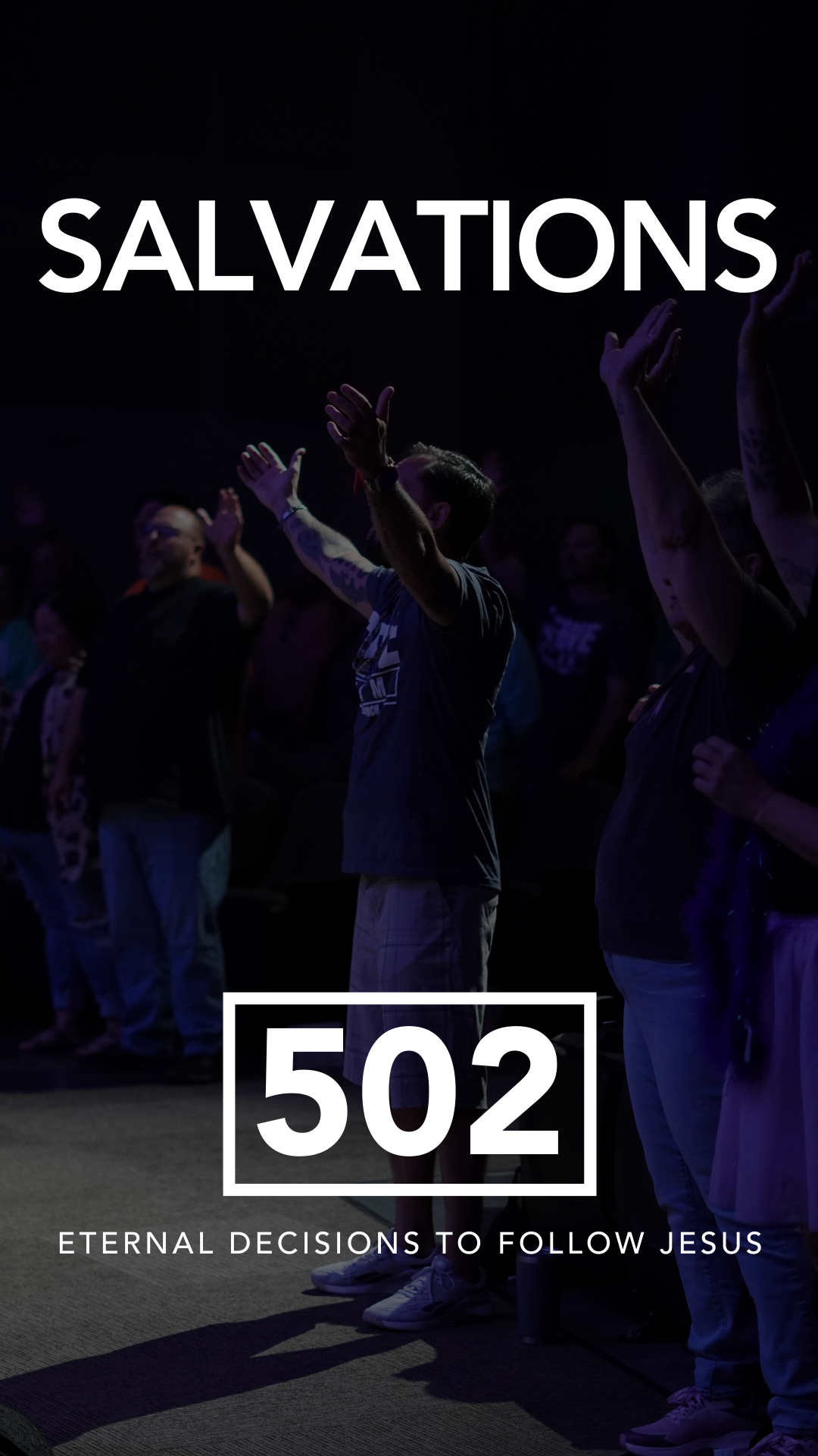 Group of people standing with their eyes closed and hands raised during a worship service.