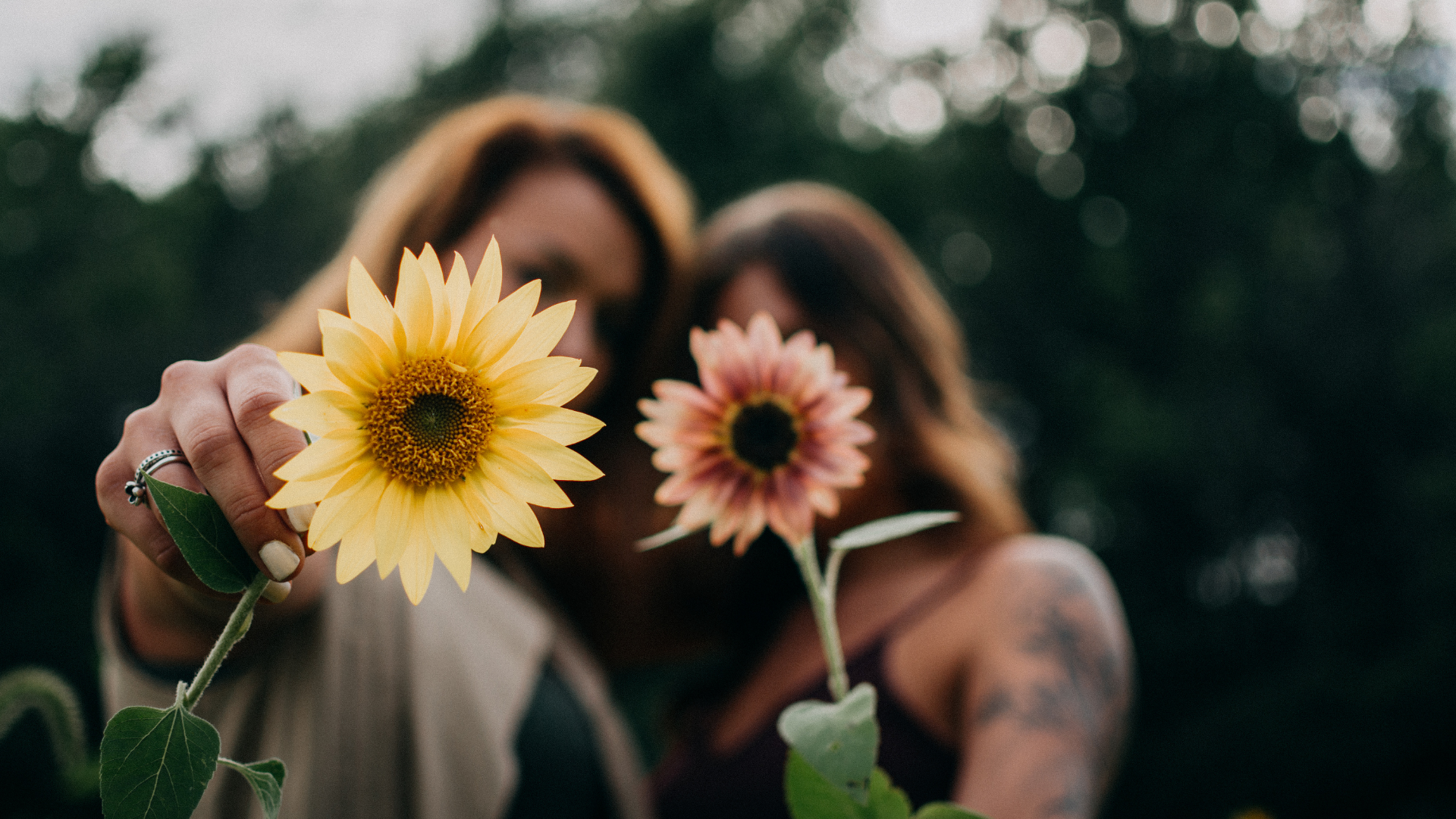 Two women holding colorful sunflowers close to camera, with blurred background.