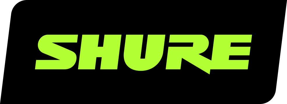 Shure logo in bright green text on a black background.