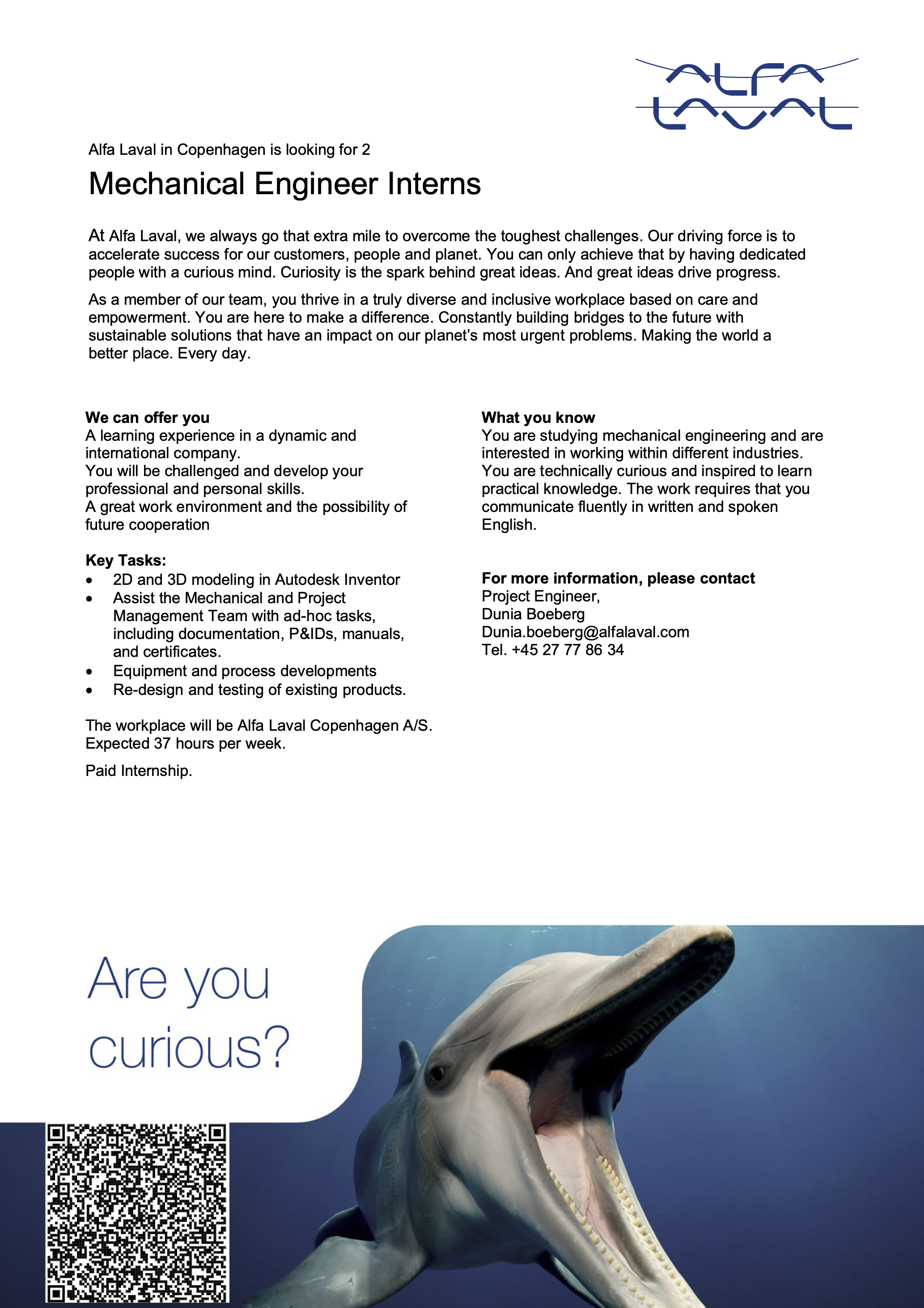Flyer advertising internship positions for Alfa Laval in Copenhagen, featuring a large image of a roaring shark with a QR code and the question 'Are you curious?'