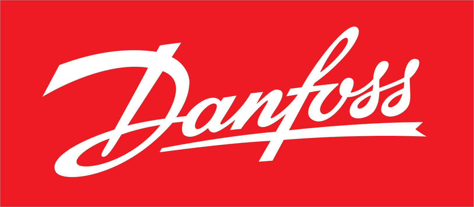 Red background with white cursive text reading "Danfoss".