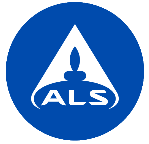 ALS logo featuring a lit flame inside a white triangle with the word 'ALS' underneath on a blue circular background.