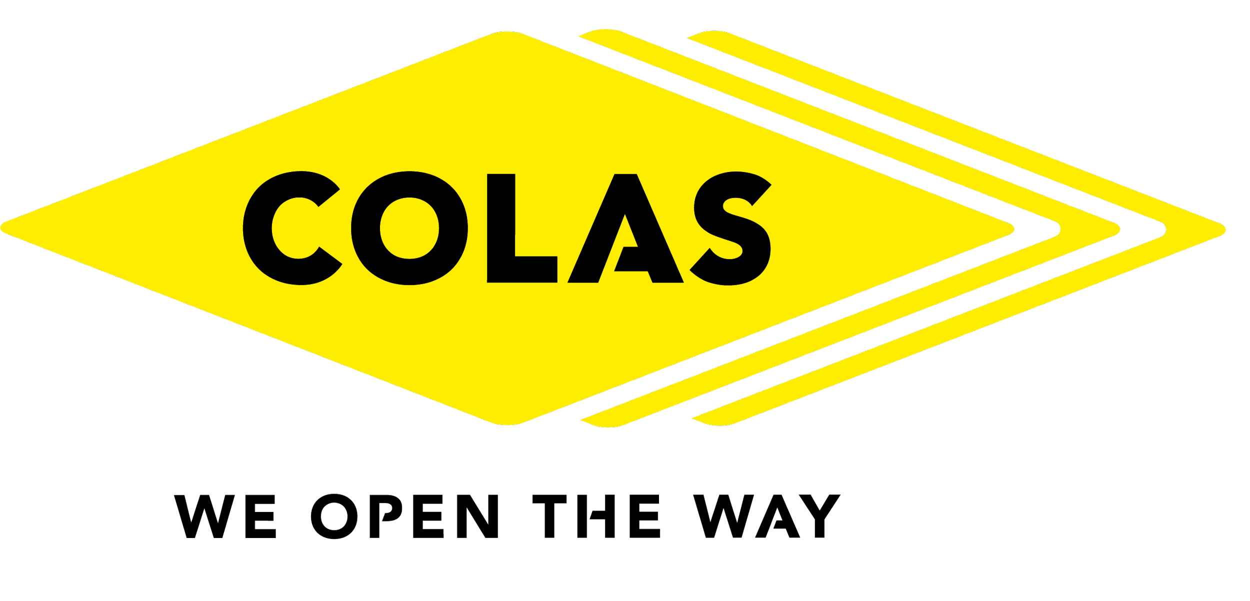 A yellow hazard sign with the word "COLAS" in black letters and black outline, designed in a diamond shape with an arrow pointing to the left.