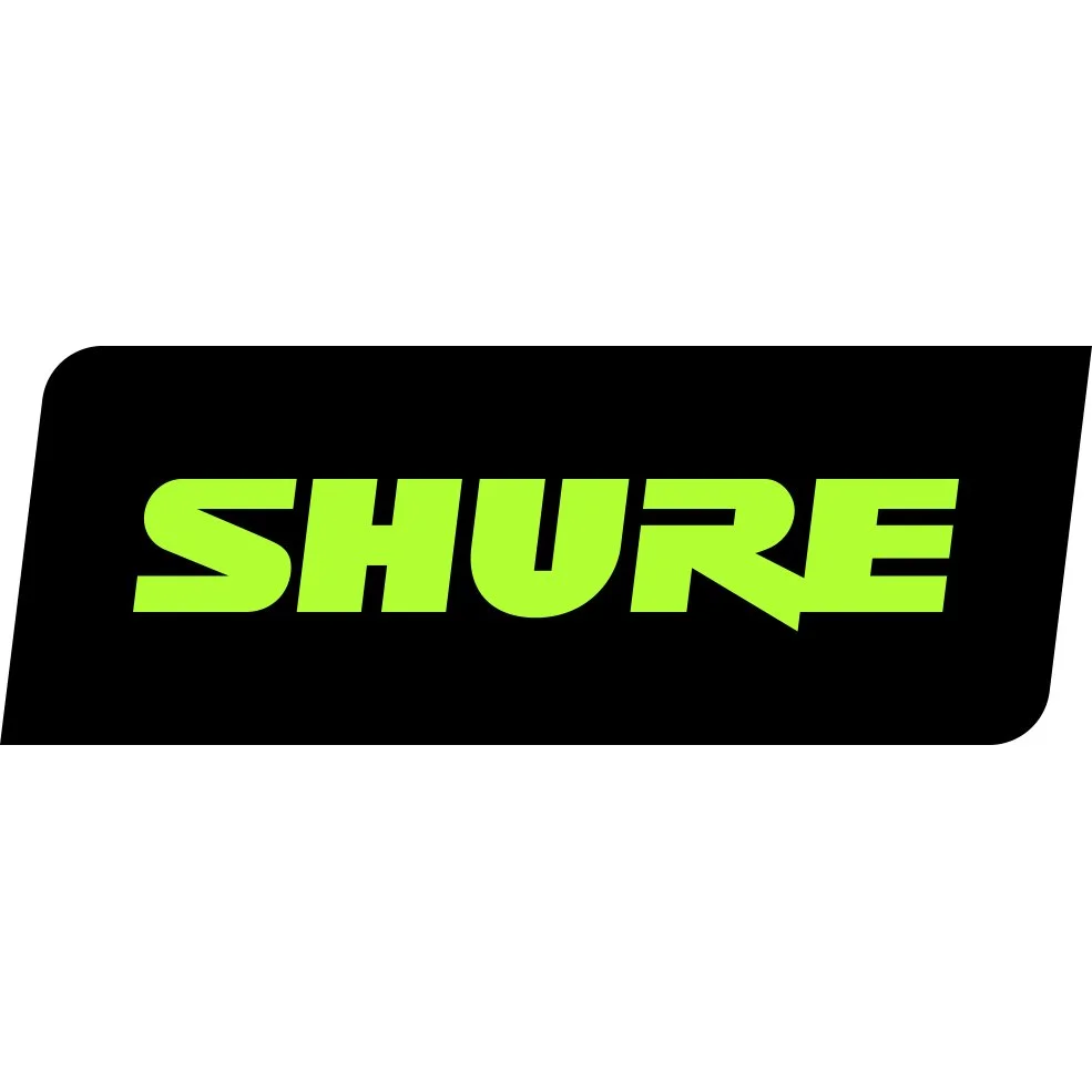 Black background with a green and black logo reading 'SHURE' in bold, stylized letters.