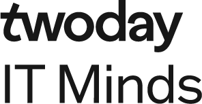Text reads 'twoday IT Minds' in dark font on a black background.
