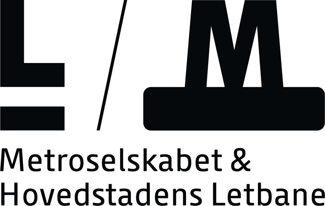 Logo of Metro Railway in Danish, with stylized 'M' and text underneath.
