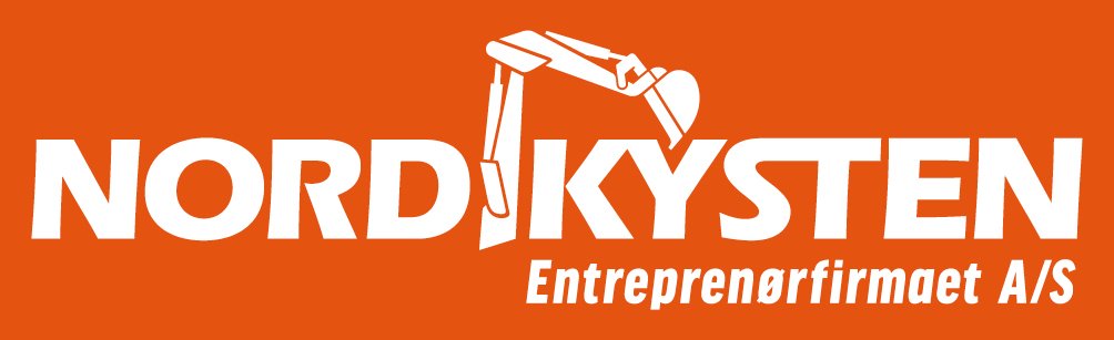 Logo for Nordkysten Entreprenørfirmaet A/S with an orange background, white text, and an illustration of an excavator arm integrated into the design.