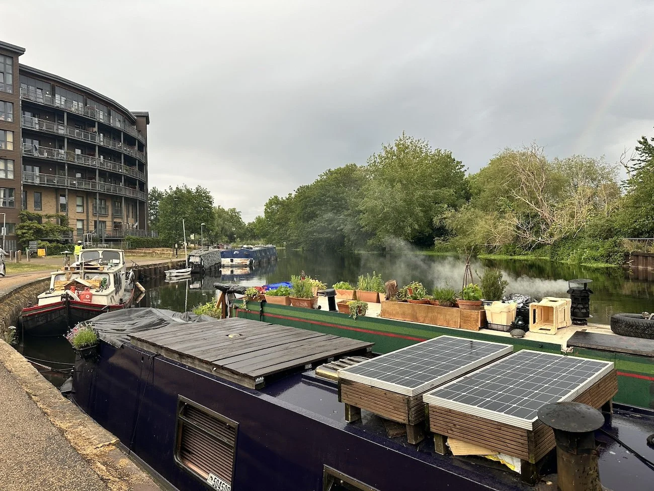 Houseboats with plants on the roof in a canal in Clapton, London