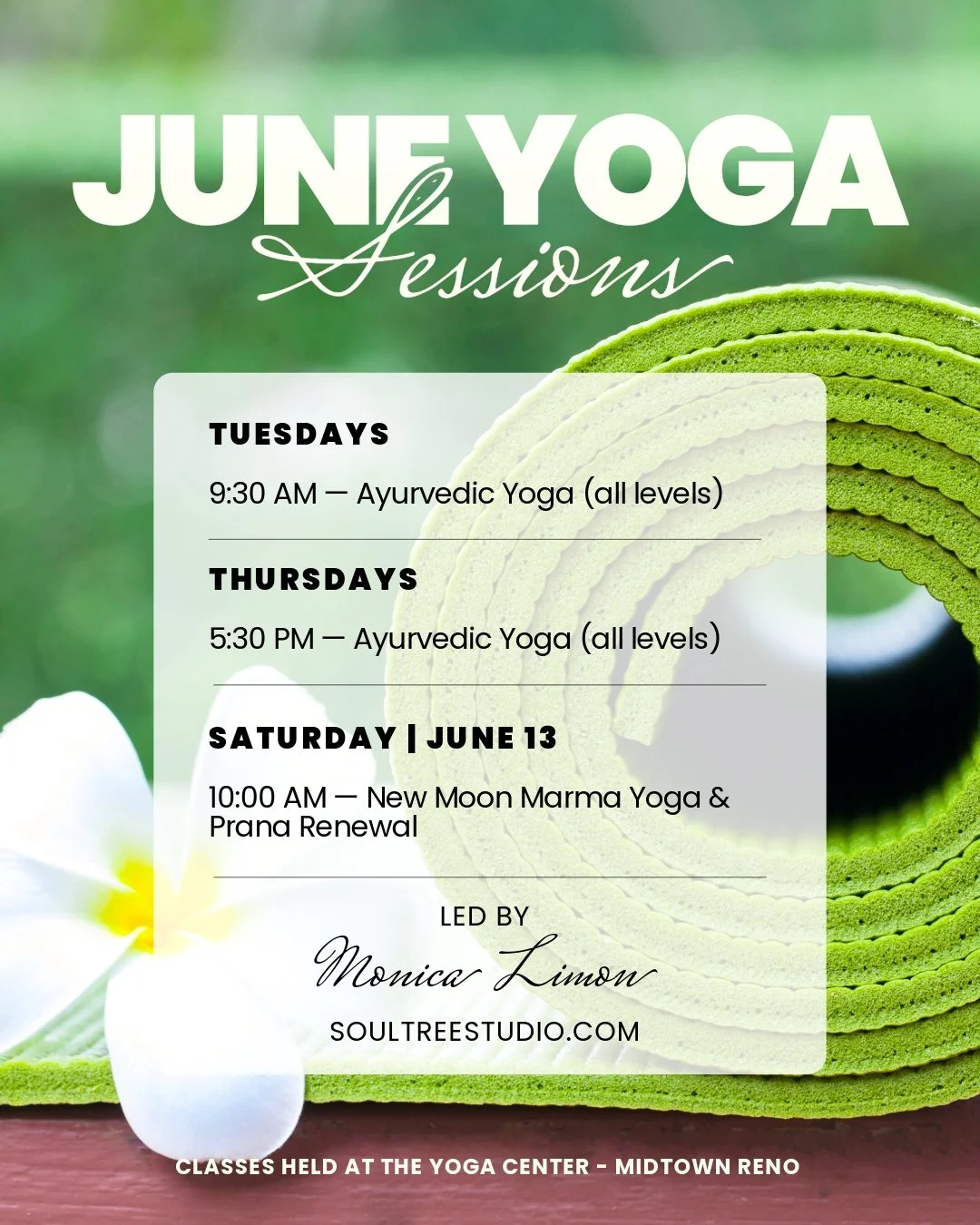 Find your zen this June 🧘&zwj;♀️

Reconnect with your inner peace during our June yoga sessions! Join us every Tuesday and Thursday for Ayurvedic Yoga, and don&rsquo;t miss the special New Moon Marma Yoga &amp; Prana Renewal on Saturday, June 13. 🌿