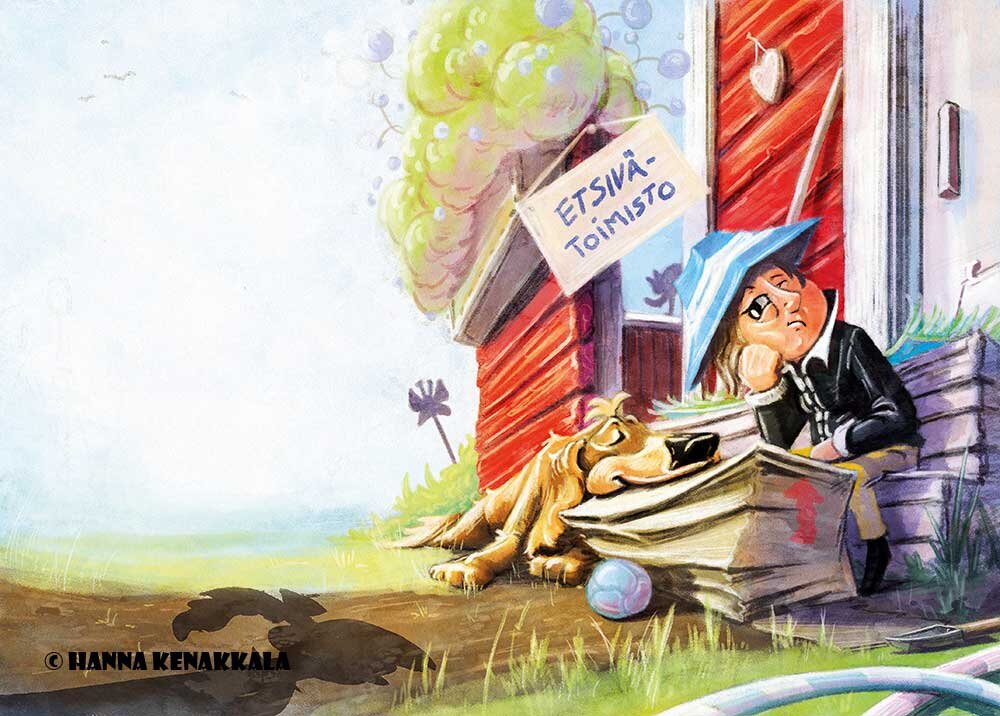 Kuvitus, Rasmus ja Nuusku etsintätoimiston ovella tylsistyneen näköisinä.