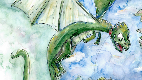 Innostuneen näköinen lohikäärme lentämässä