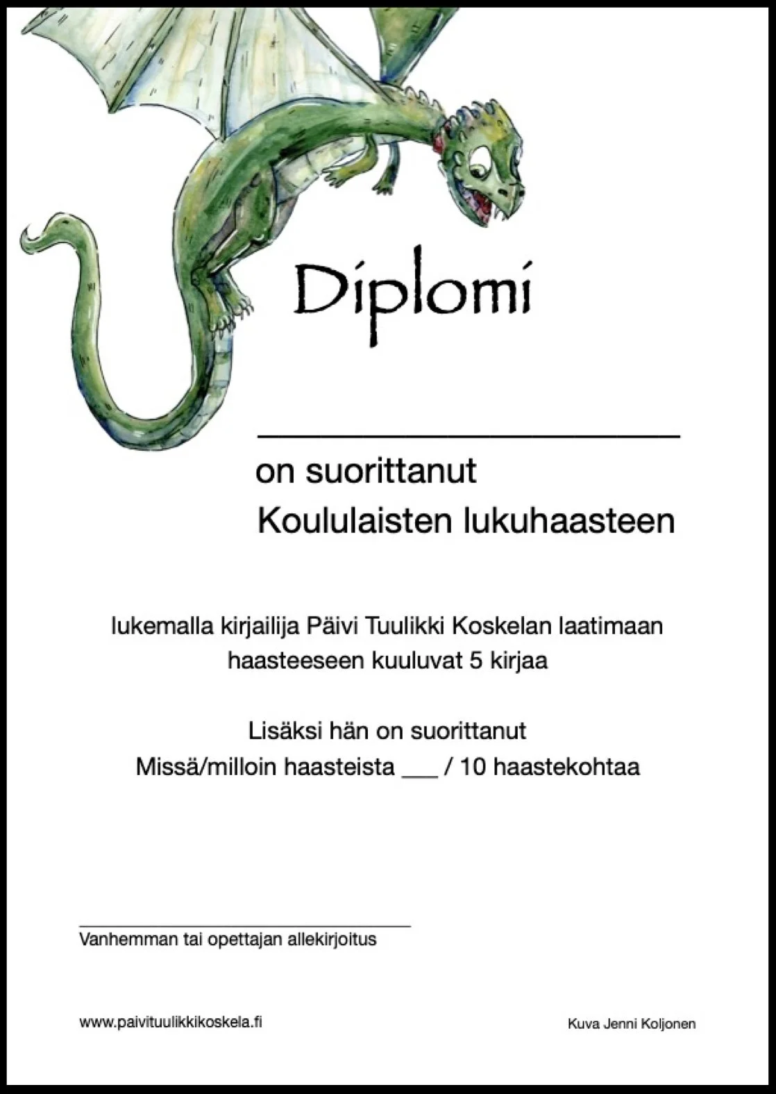 Diplomi jossa on lohikäärmeen kuva