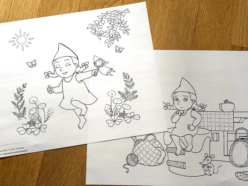 Kaksi värityskuvaa tonttutytöstä