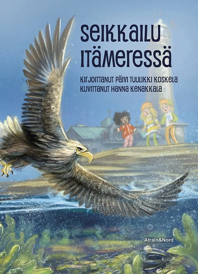Kolme lasta, majakka ja merikotka