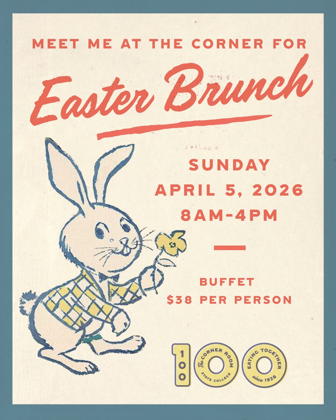 Celebrate Easter with us! 🌷
Meet us at the corner Sunday, April 5th for an unforgettable Easter Brunch. Enjoy brunch classics like eggs Benedict, dive into incredible cuts of prime rib, and many other favorites. 

Reservations are available via our 
