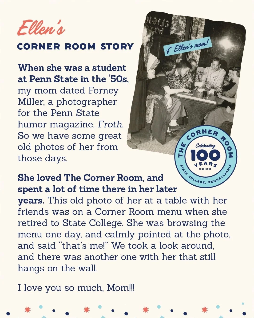 "THAT'S MY MOM!" After posting the iconic photo of students gathering in the booth, Zeno's &amp; Chumley's General Manager Ellen sent us a note about how her mom is one of the students in the photo. Here's her story...

☕️ Have a story you'