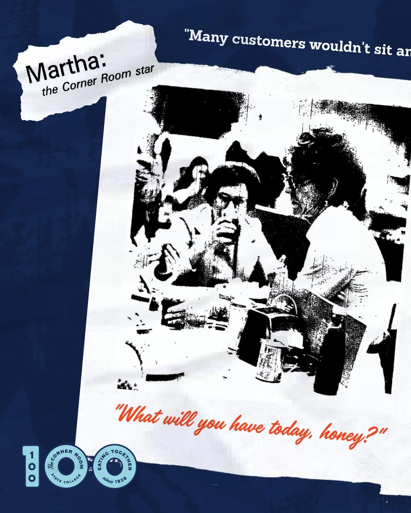 MEET MARTHA, who greeted guests with "What will you have today, honey?" at our U-bar counter for 21 years. "Personality is the biggest thing to being a waitress," Martha claims. "I got a big mouth. It's made me a lot of frien