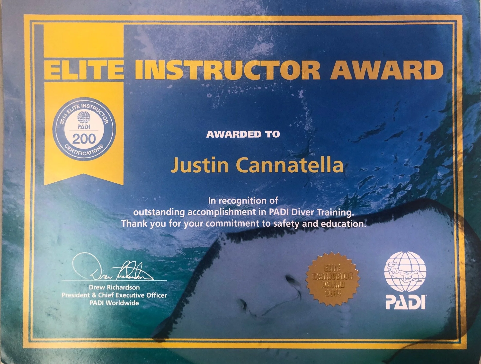 PADI Scuba Instructor award for scuba certification in San Diego