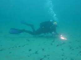 Certified scuba diver using a flashlight underwater during a guided scuba dive with Justin in San Diego.
