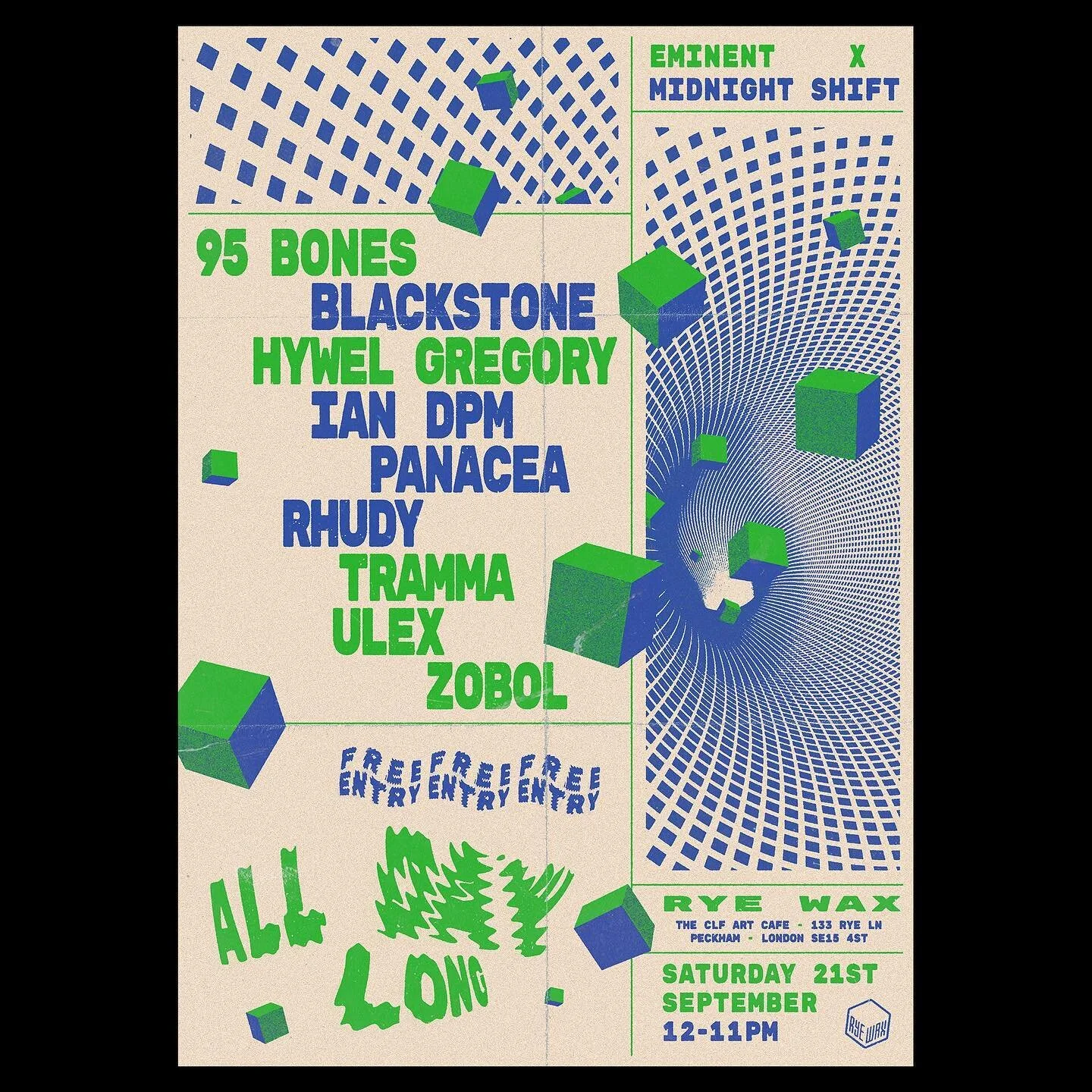 Event promo &amp; branding 📩 message for commisions. Artwork for Eminent x Midnight Shift day party at @ryewaxrecords Peckham. 
.
.
.
#acidgraphix #raveposter #ravevisuals #partyposter #technoposter #electronicmusic #undergroundmusic #musicposter #d