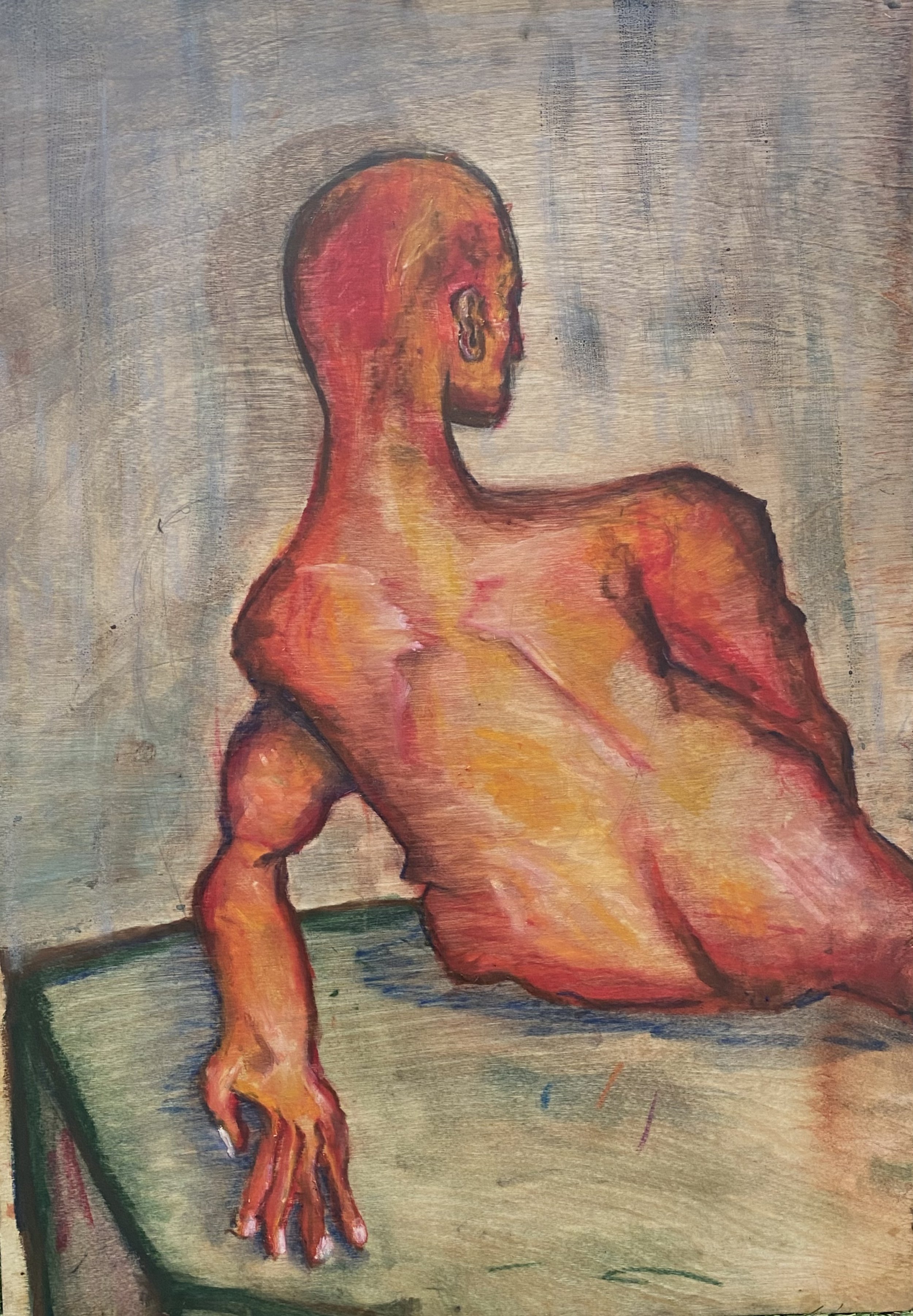 “backward” 2021, oil pastel on board, 23 1/2”x 13 1/2”