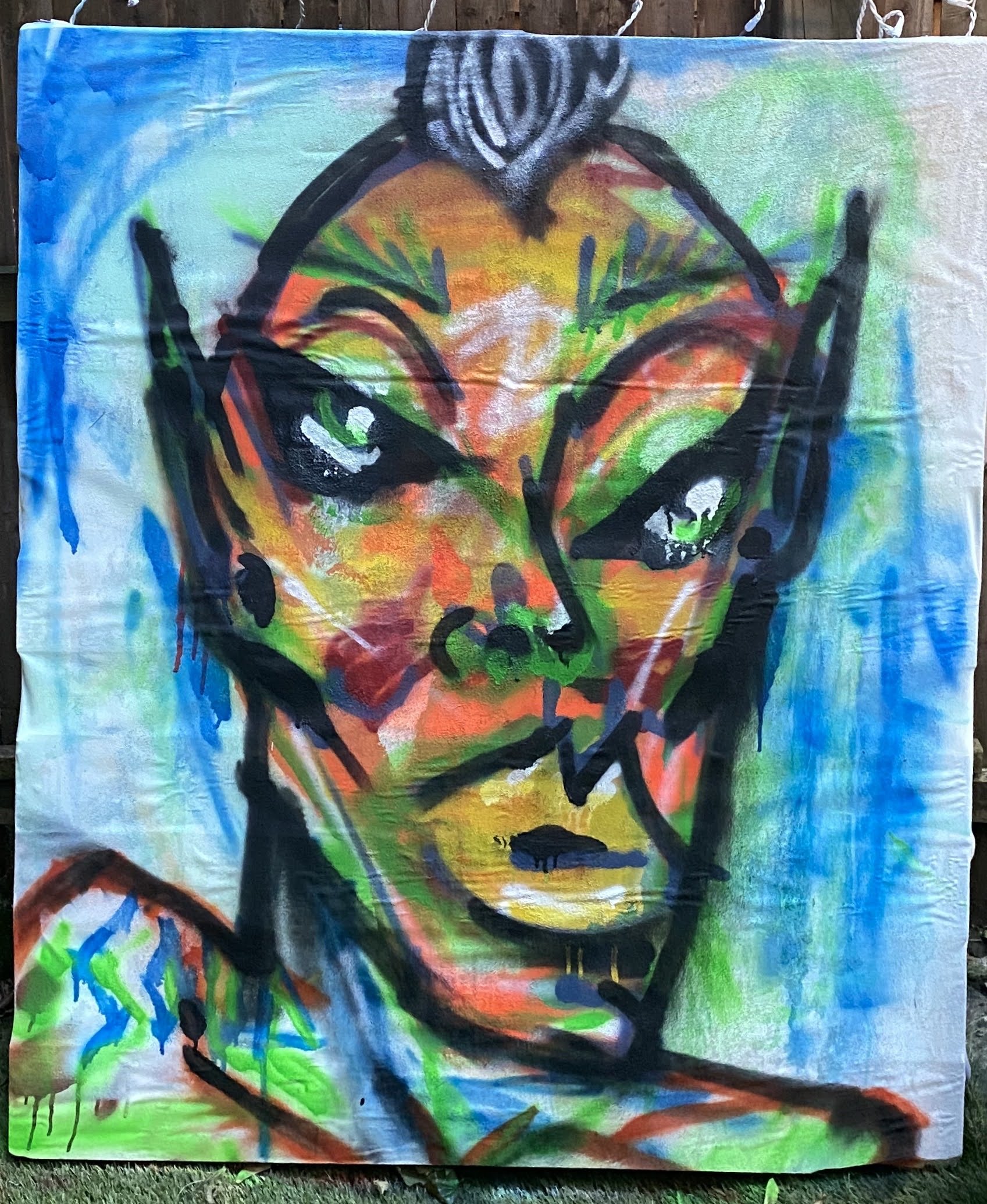 “headman” 2020, spraypaint on bedsheet, 48”x 40”