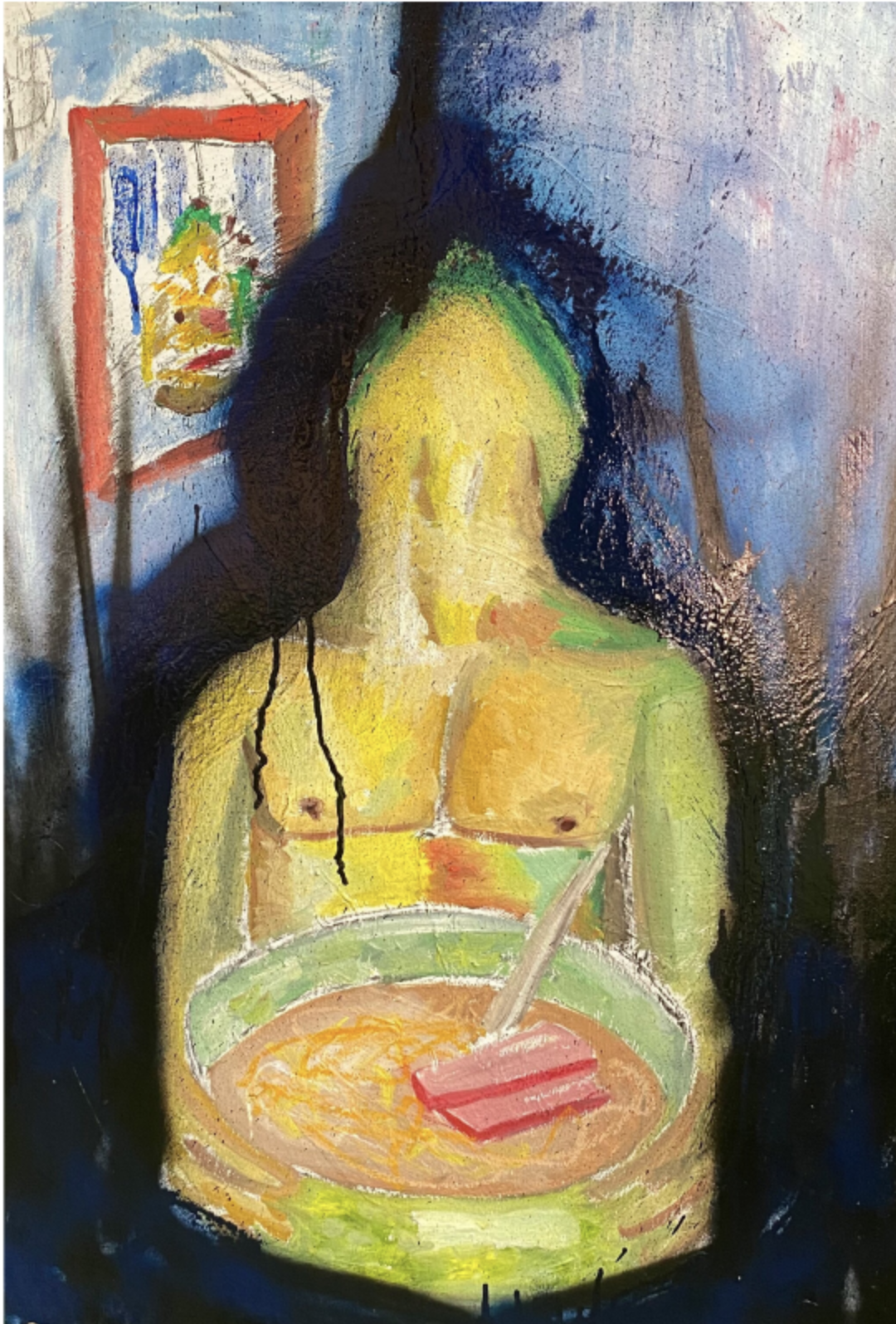 “soup bowl still dark” 2021, oil, acrylic, and spraypaint on canvas