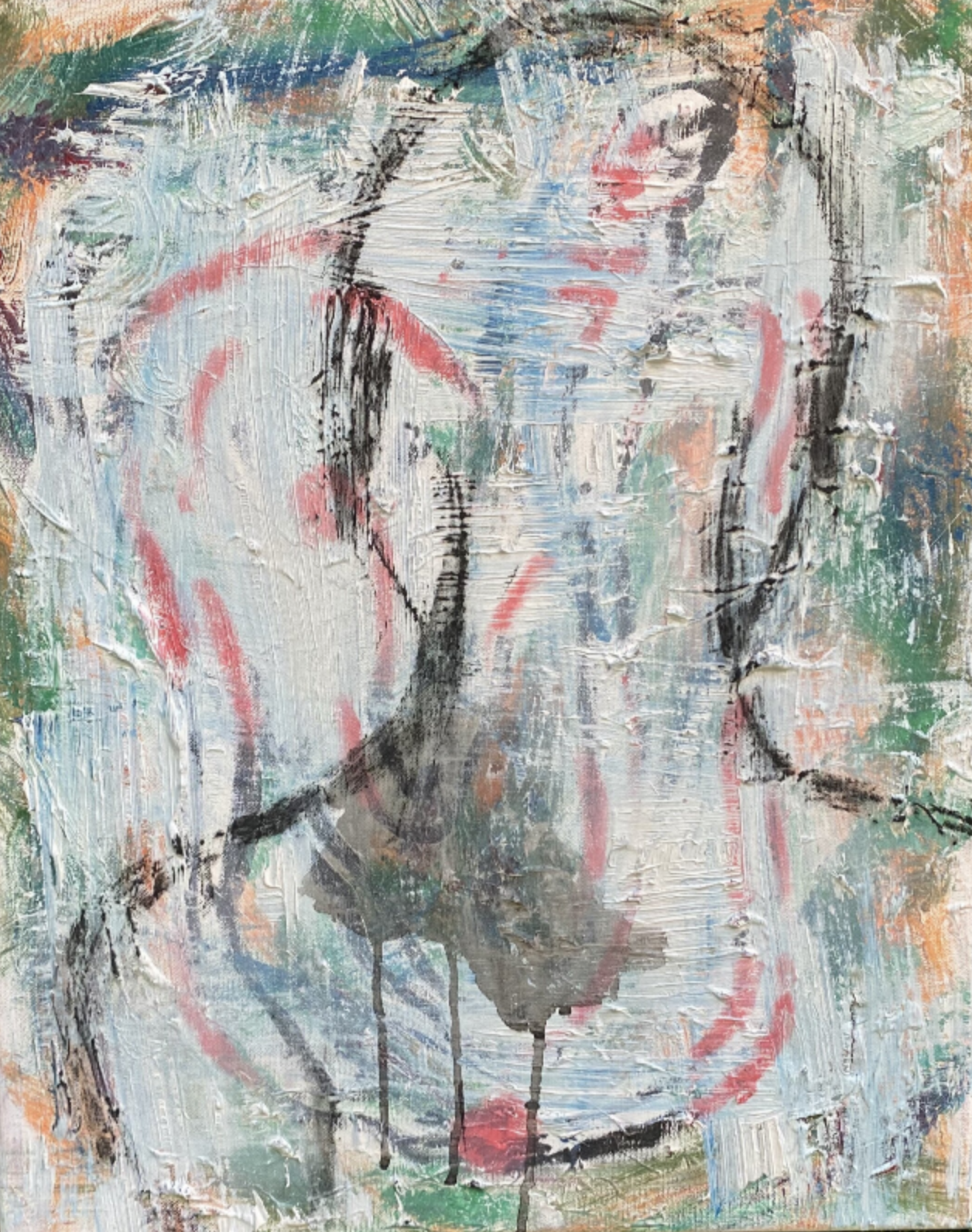“hollow” 2021, acrylic, oil, spray paint, and charcoal on canvas, 16” x 20”
