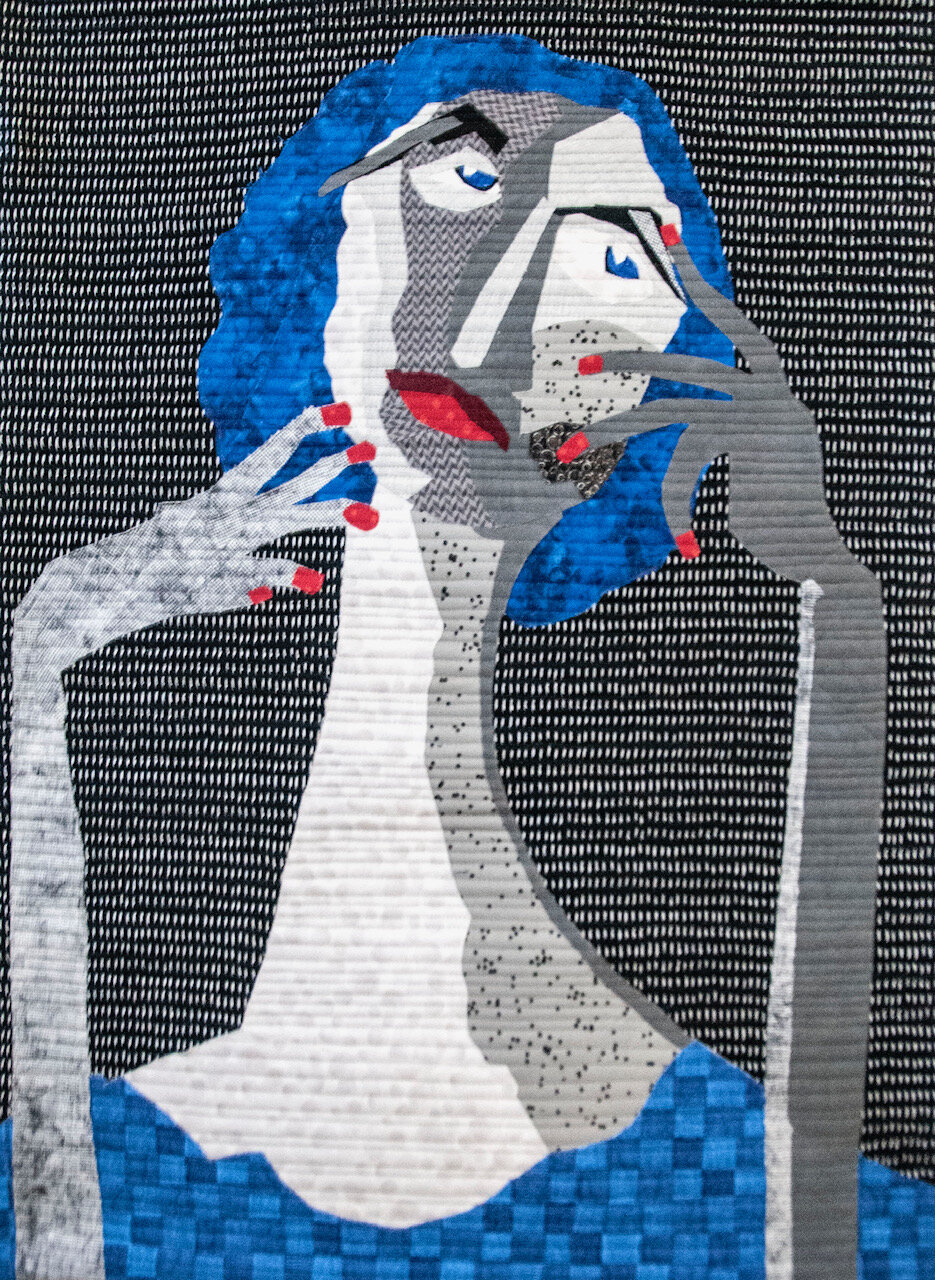 “Woman With Blue Hair”
Commercial Cottons, Raw-Edge Applique, Quilted, 32-1/2 x 23-1/2
———-
“Woman with Blue Hair” was juried into Fiber Fiesta 2022 sponsored by the Albuquerque Fiber Arts Council, April 14-16, 2022.
SOLD