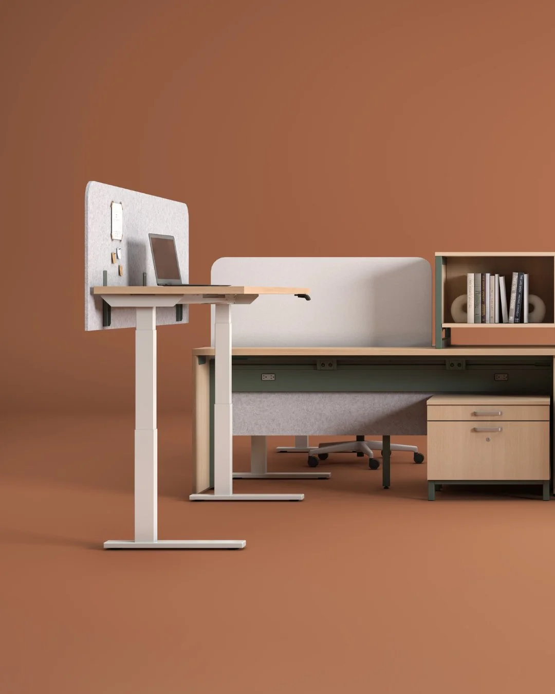 Passel part one and part two ➡️

The linear rail design keeps things open and purposeful | Sleek storage defines the space | Height-adjustable tables bring effortless movement // @kifurniture