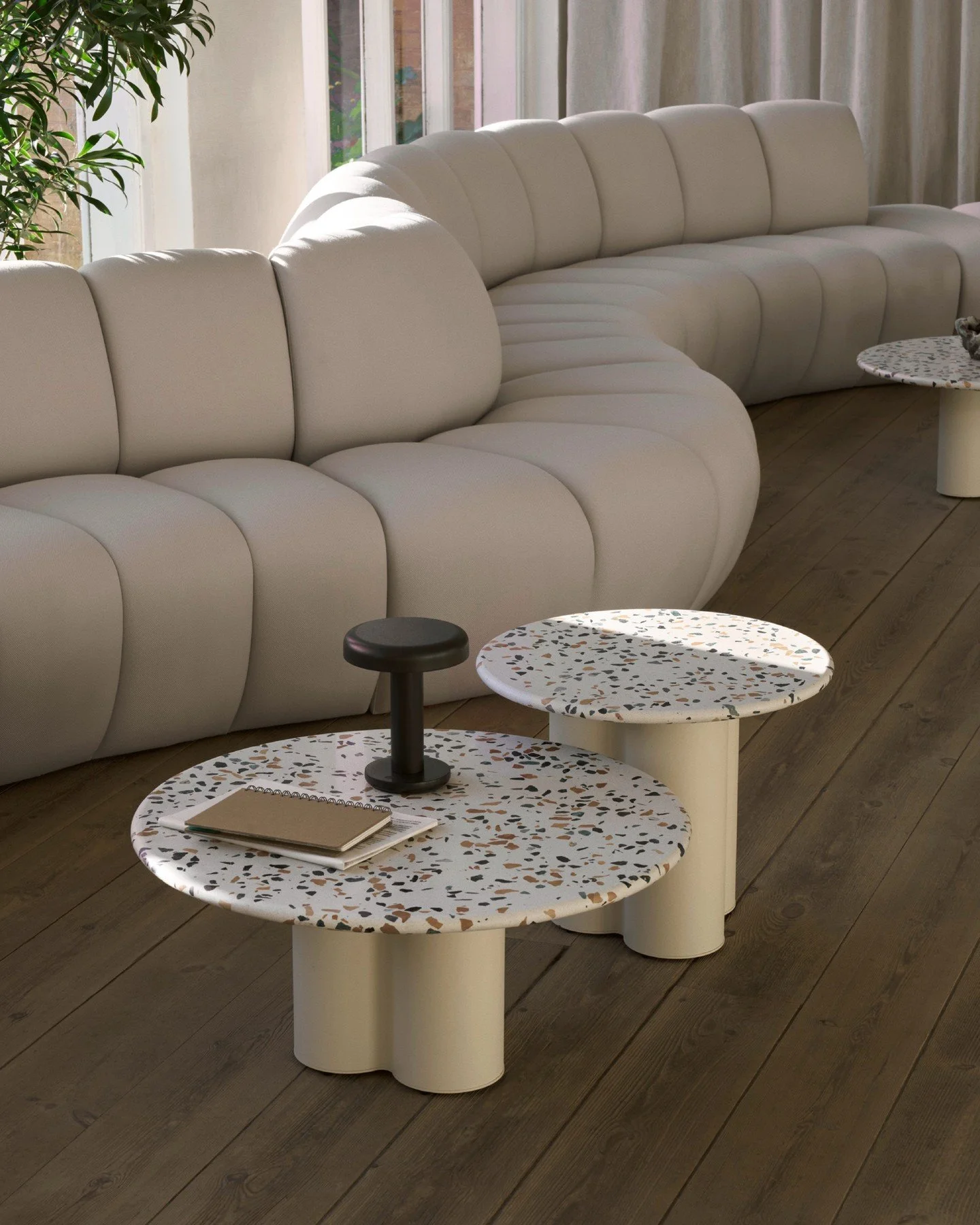 BRB. Dreaming about this design 💭 @allermuir

- Aura Lounge shown in Kvadrat Steelcut 3 0220.
- Batan Extruded Blend with a Ceramic White base and Terrazzo top.⁠