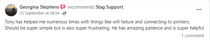 Screenshot of a Facebook recommendation post praising Tony for his help with Wi-Fi and printers.
