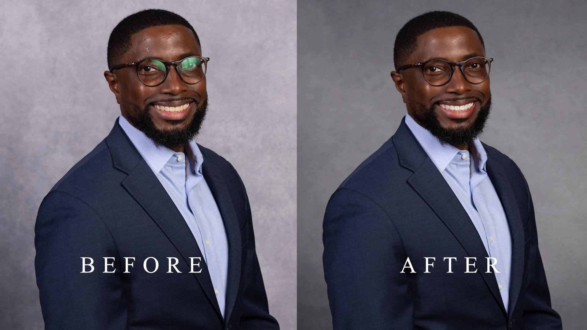 Side-by-side comparison of a man wearing glasses in a suit and light blue shirt, smiling. The left image is labeled 'BEFORE' and the right 'AFTER', showing a subtle change in the background color from light gray to darker gray.
